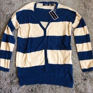 Verve Ami navy beige striped cardigan high low sweater size small